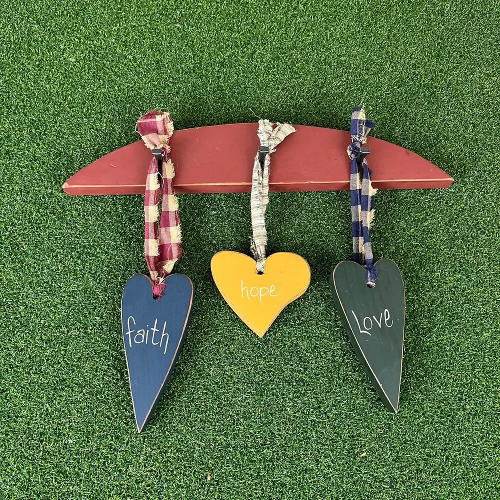 Primitive Folk Art Faith Hope Love Wood Heart Wall Hanging Country Americana